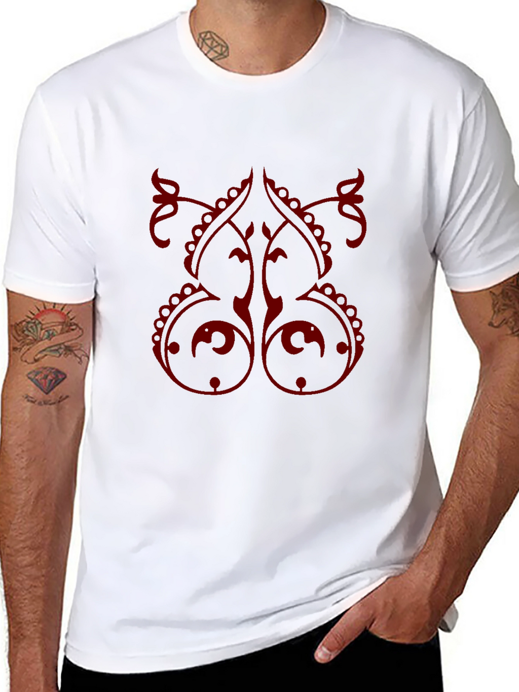 Stylish Black T-Shirt with Red Ornamental Design