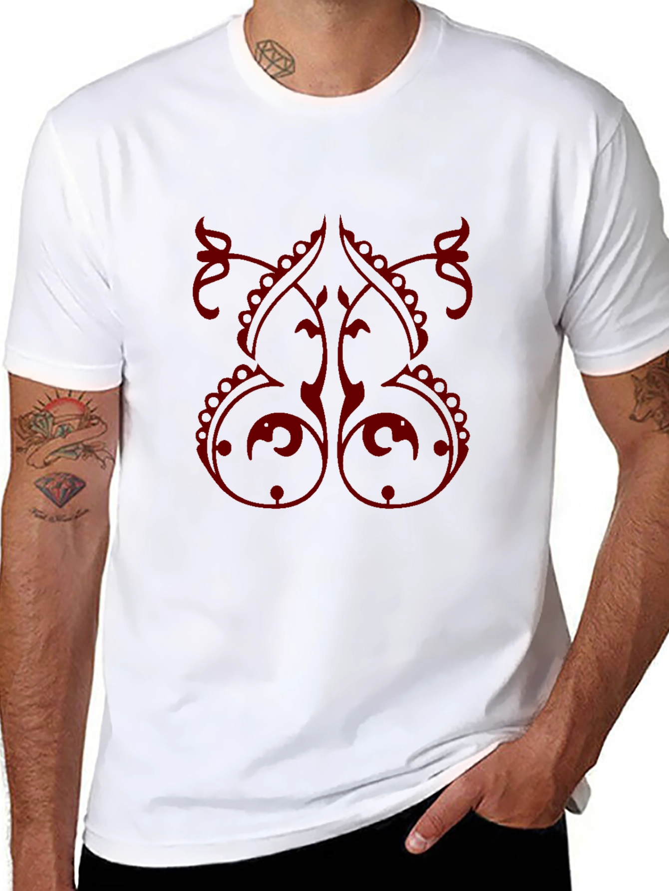 Stylish Black T-Shirt with Red Ornamental Design