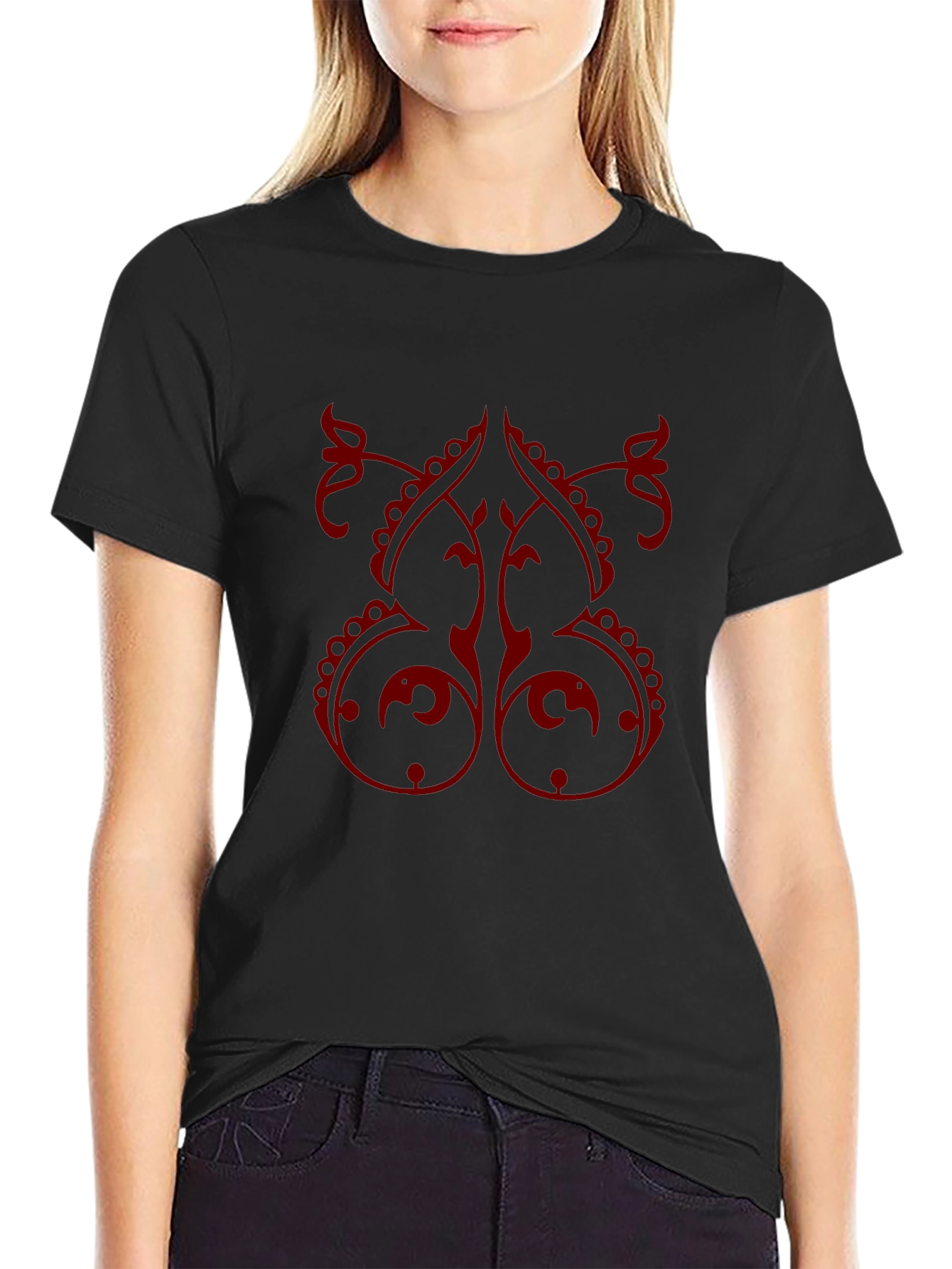 Stylish Black T-Shirt with Red Ornamental Design