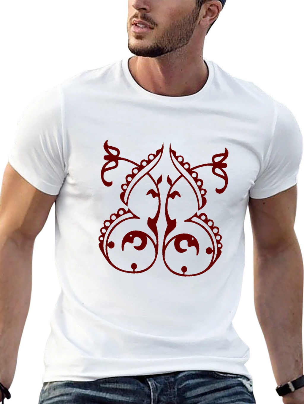 Stylish Black T-Shirt with Red Ornamental Design