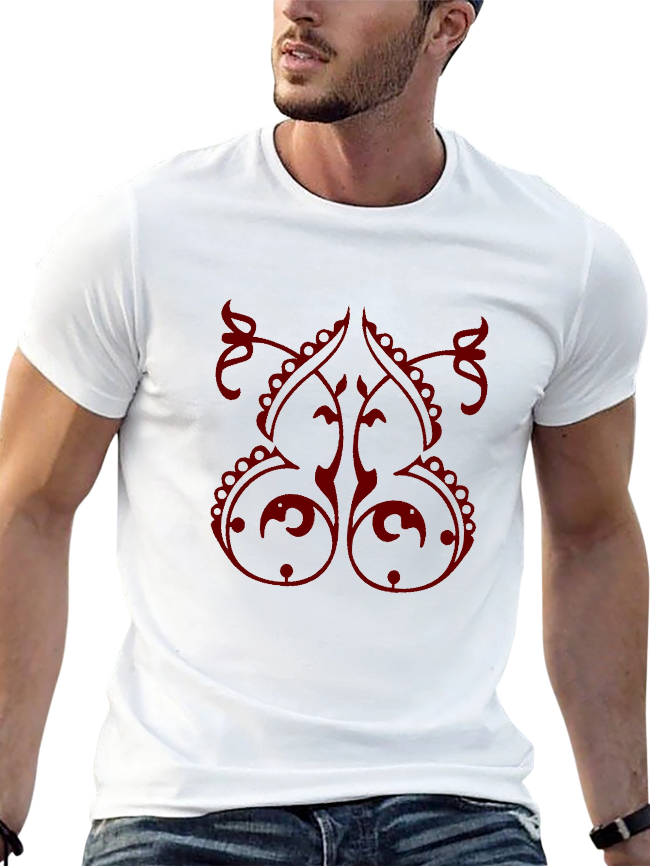 Stylish Black T-Shirt with Red Ornamental Design