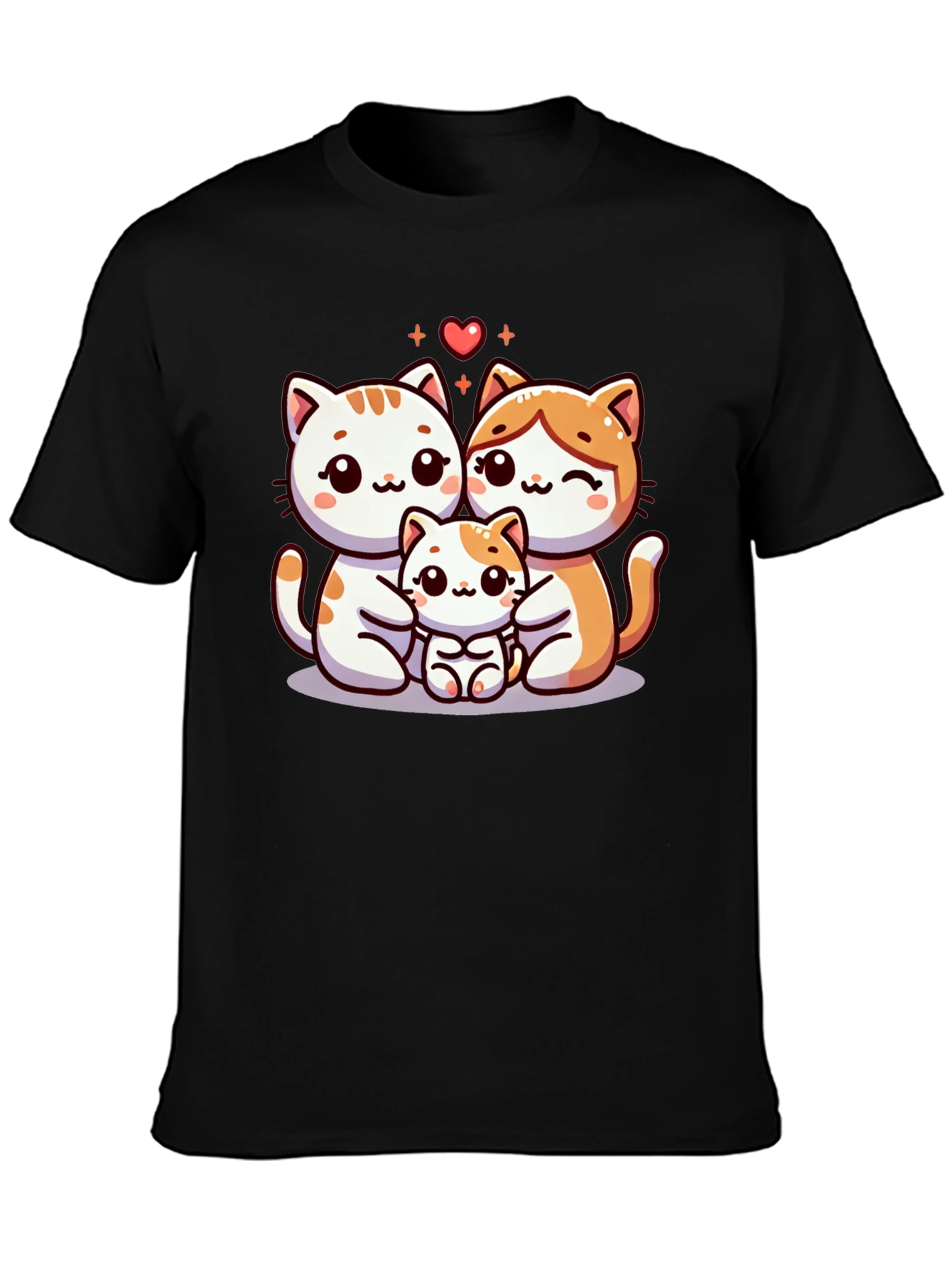 Cute Cat Family Graphic Tee - Black