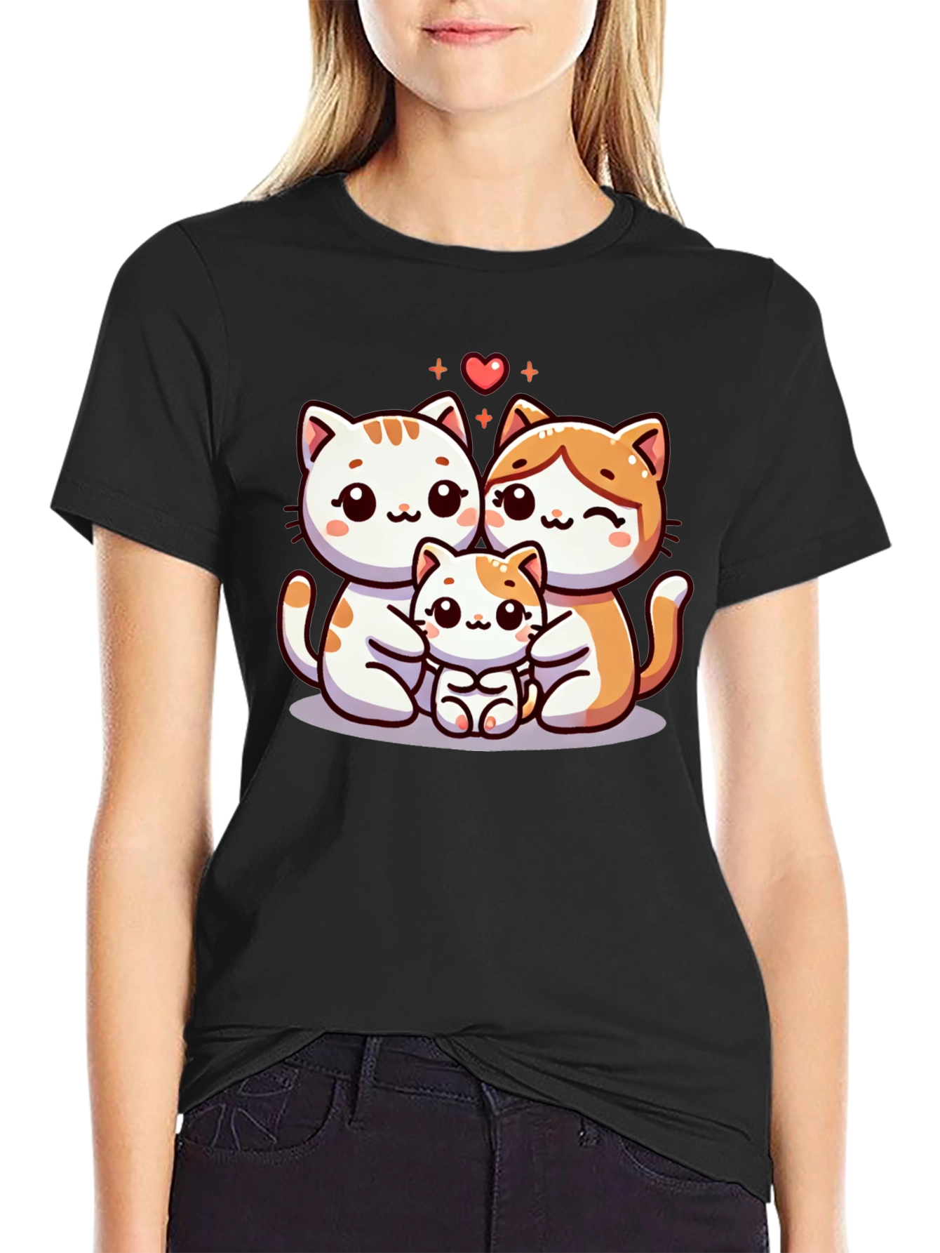 Cute Cat Family Graphic Tee - Black