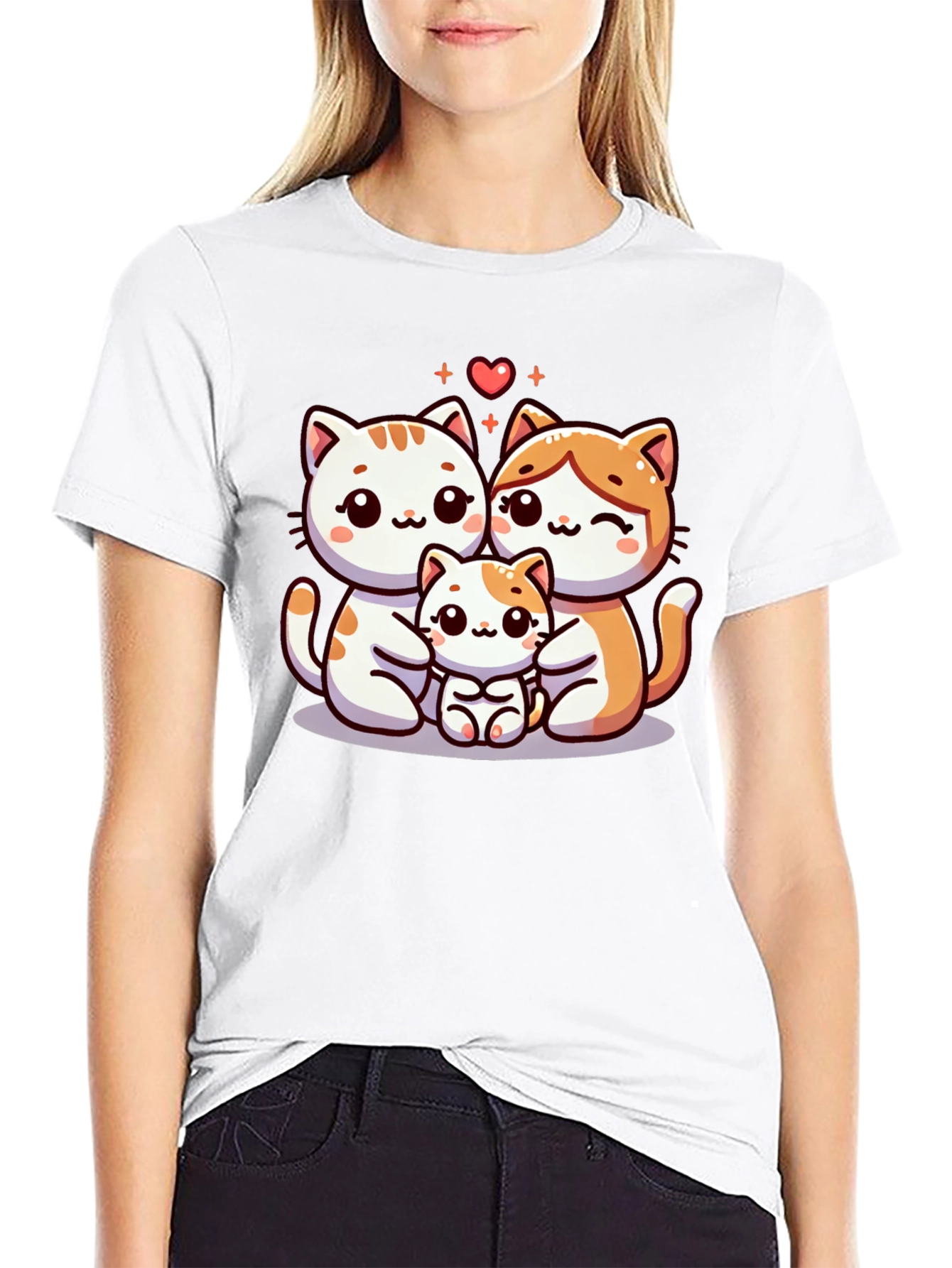 Cute Cat Family Graphic Tee - Black