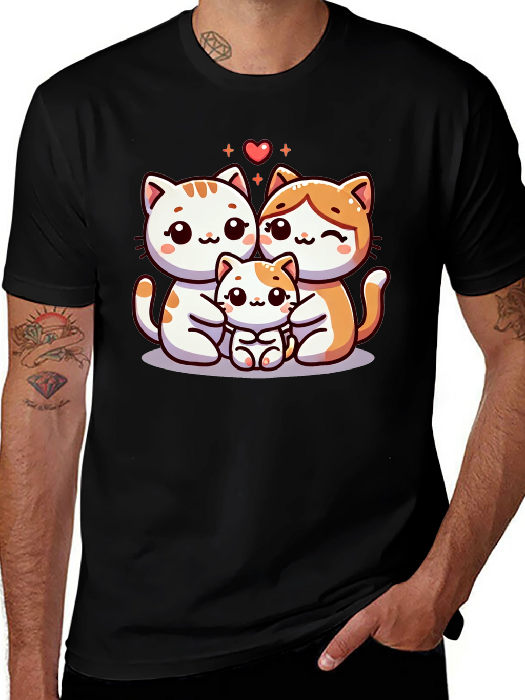 Cute Cat Family Graphic Tee - Black