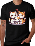 Cute Cat Family Graphic Tee - Black