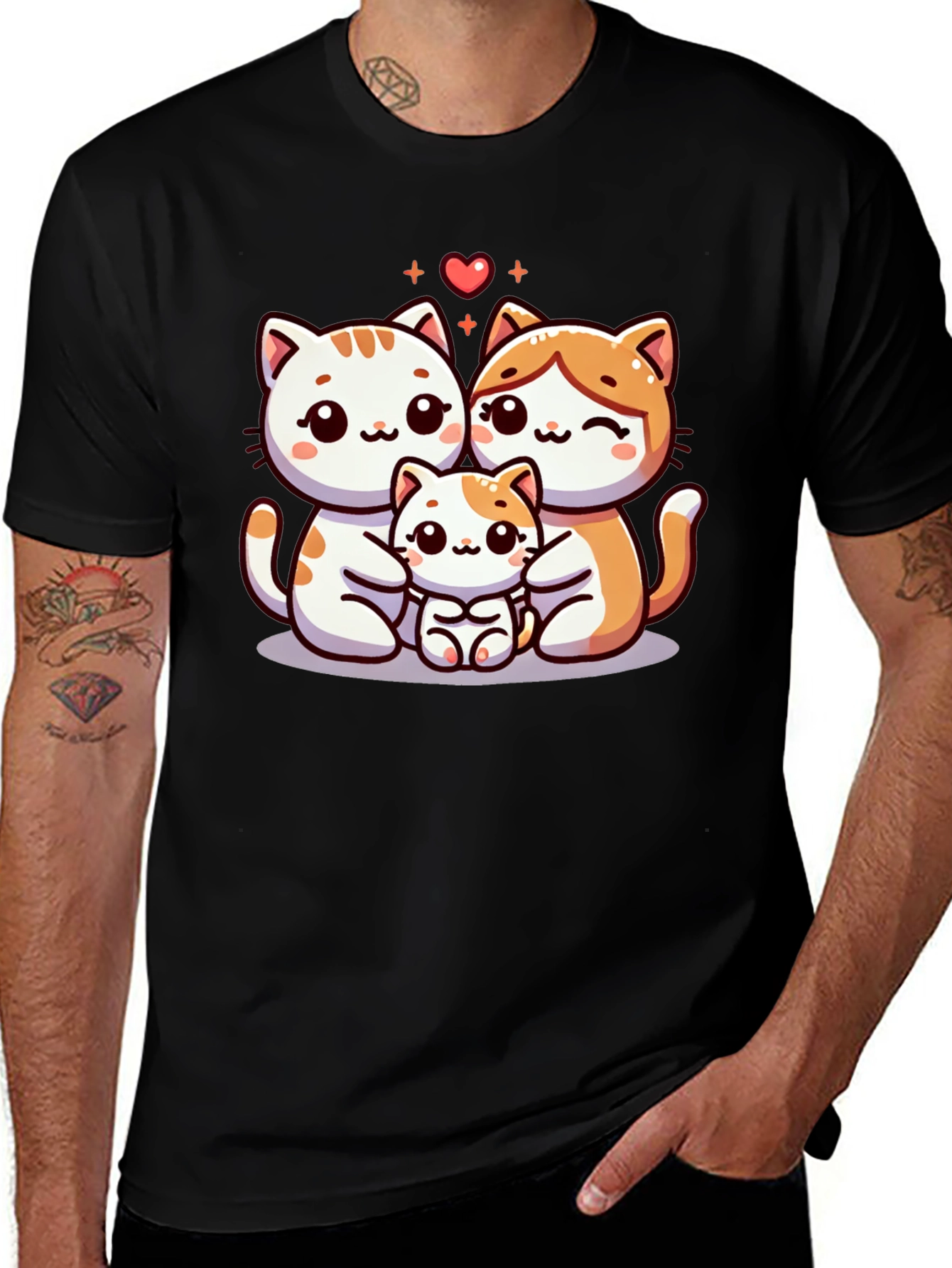 Cute Cat Family Graphic Tee - Black