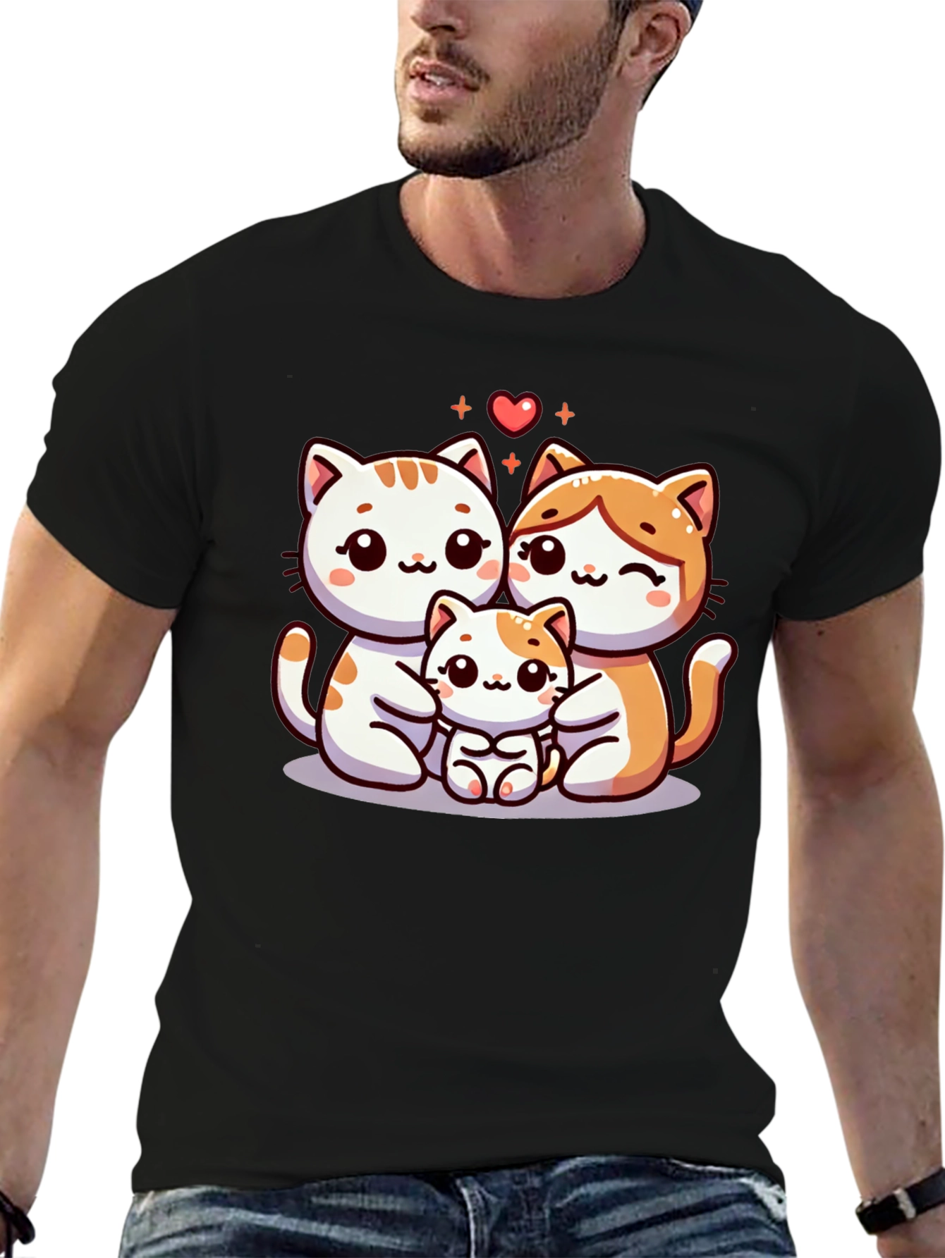 Cute Cat Family Graphic Tee - Black