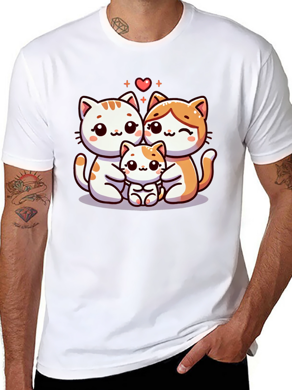 Cute Cat Family Graphic Tee - Black