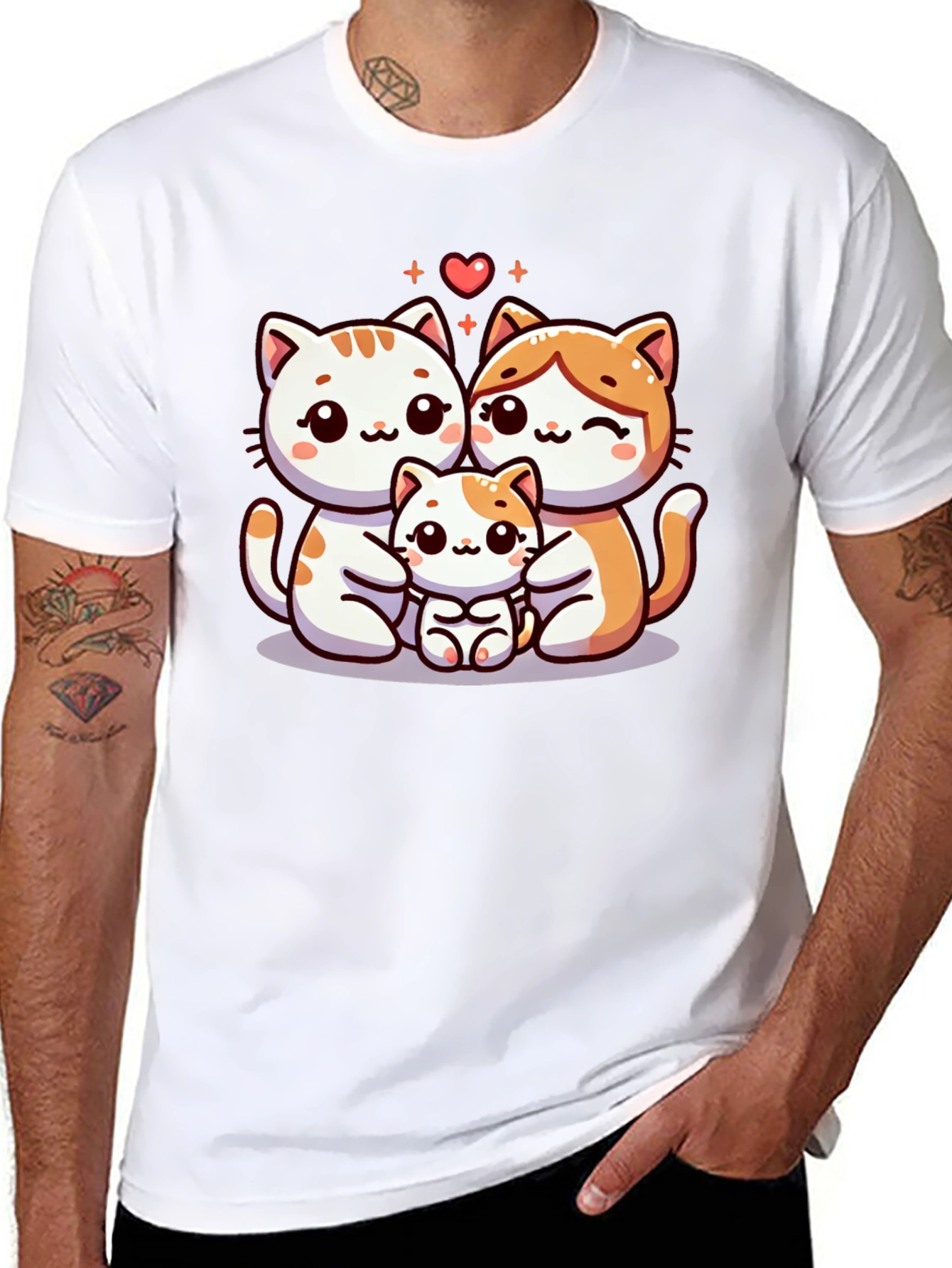 Cute Cat Family Graphic Tee - Black
