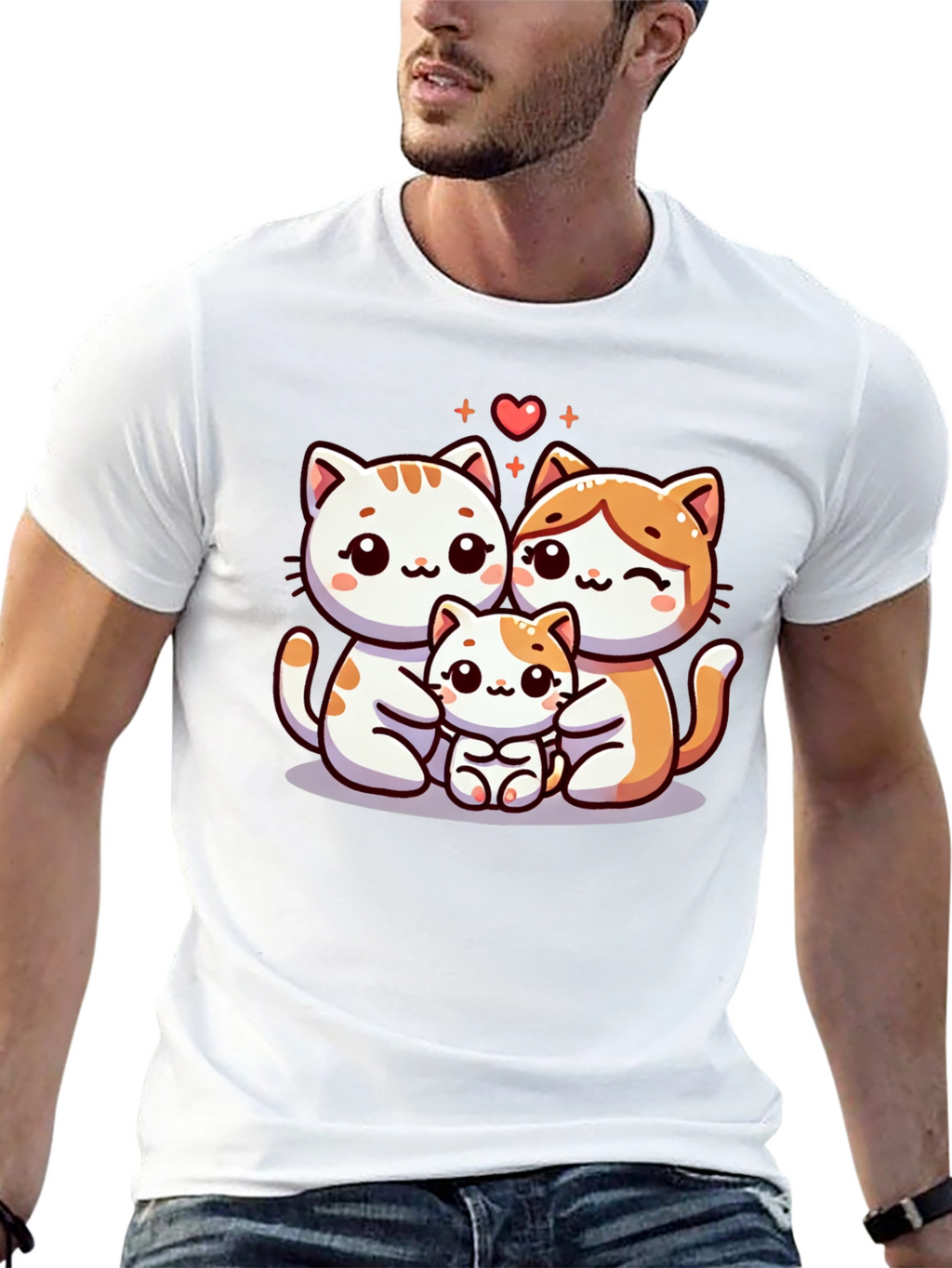 Cute Cat Family Graphic Tee - Black