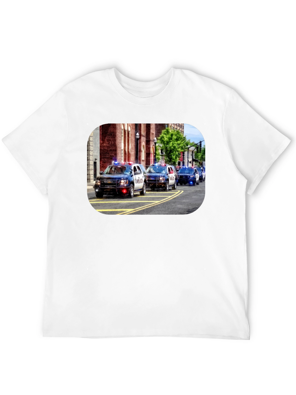 Police Car Parade Graphic Black T-Shirt