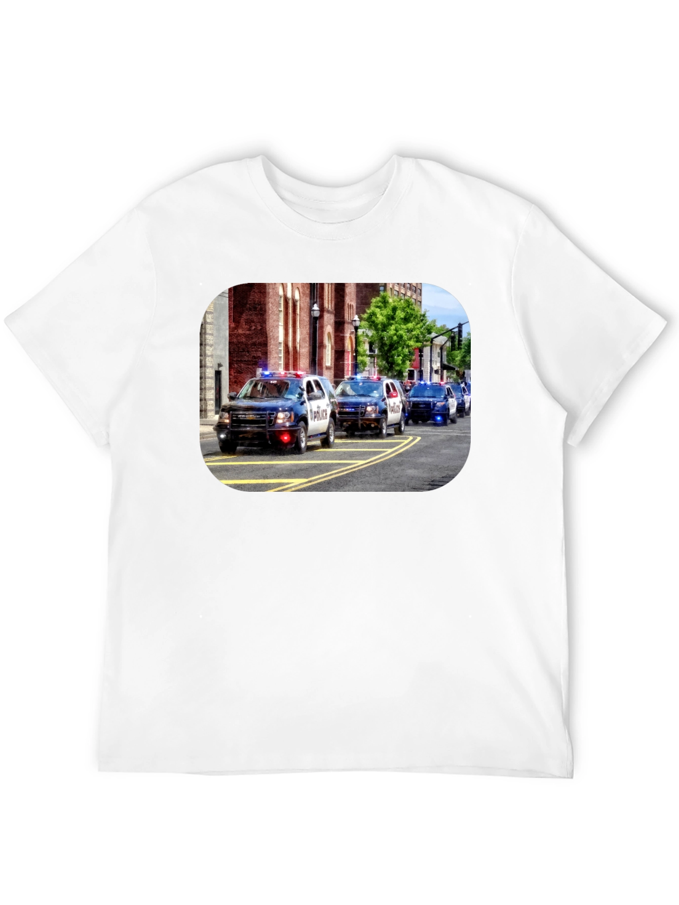 Police Car Parade Graphic Black T-Shirt