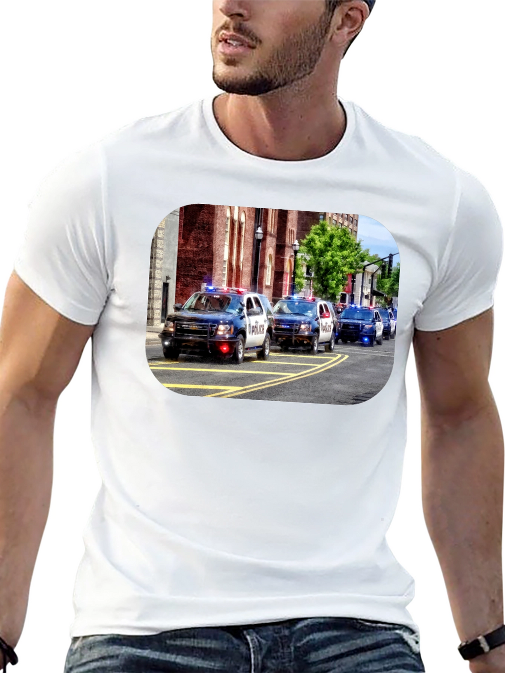 Police Car Parade Graphic Black T-Shirt