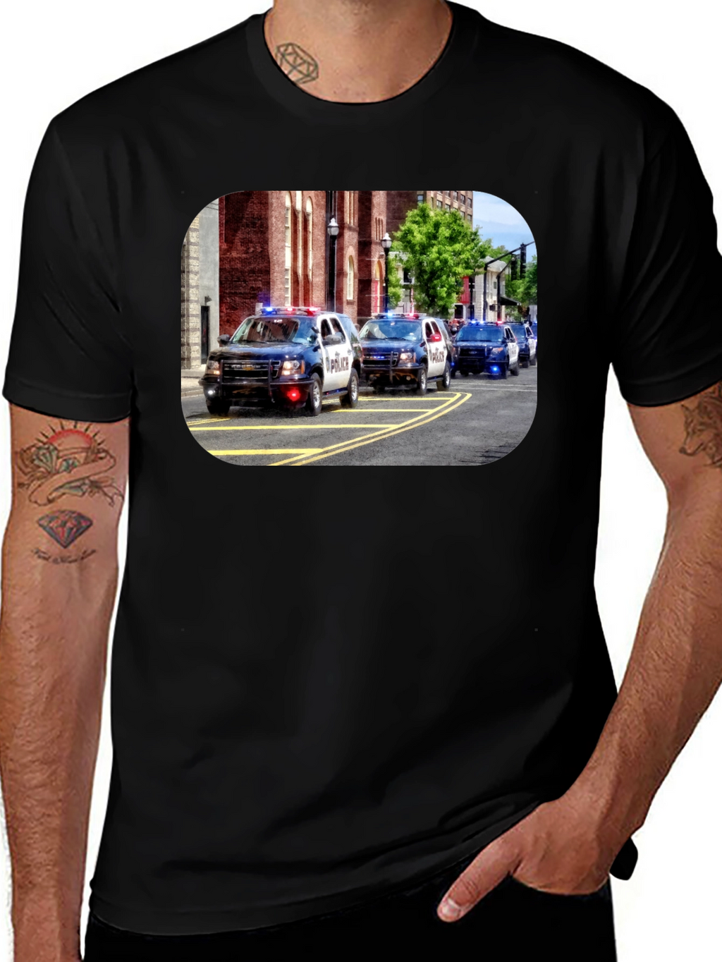 Police Car Parade Graphic Black T-Shirt