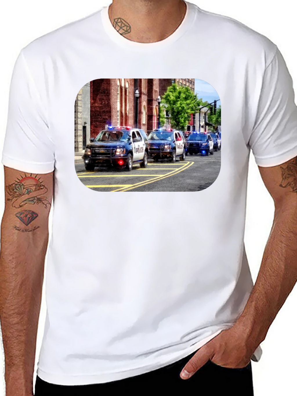 Police Car Parade Graphic Black T-Shirt