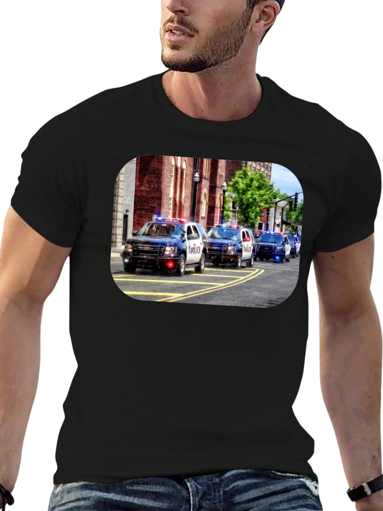 Police Car Parade Graphic Black T-Shirt