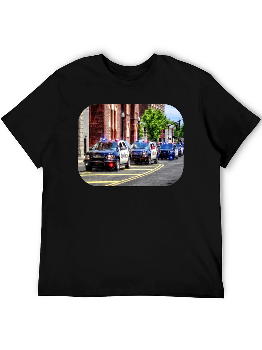 Police Car Parade Graphic Black T-Shirt