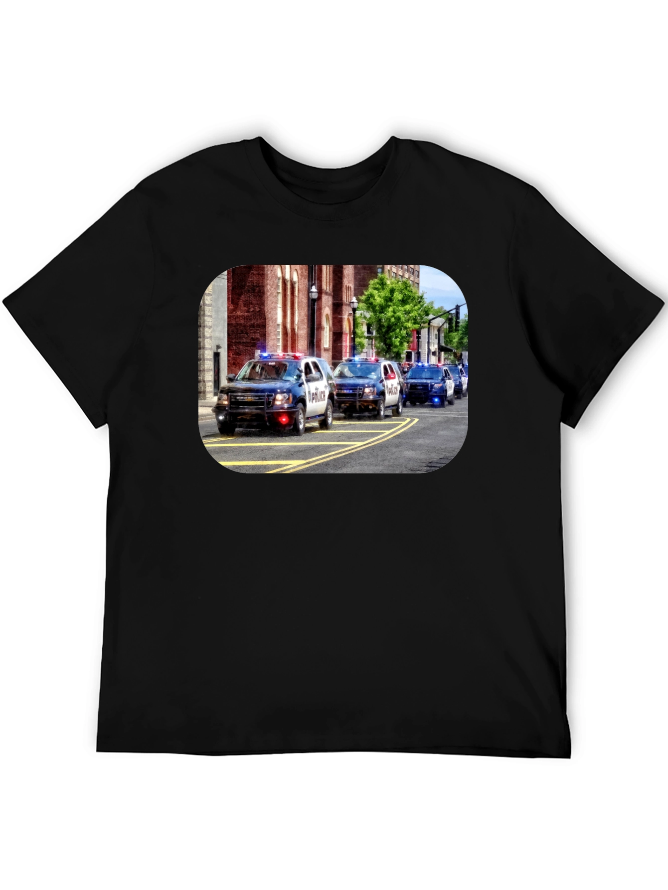 Police Car Parade Graphic Black T-Shirt