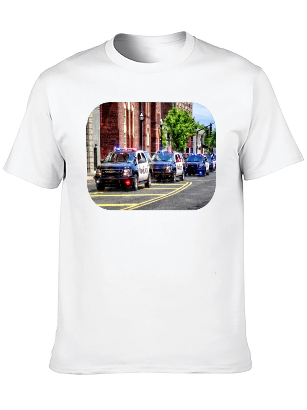 Police Car Parade Graphic Black T-Shirt