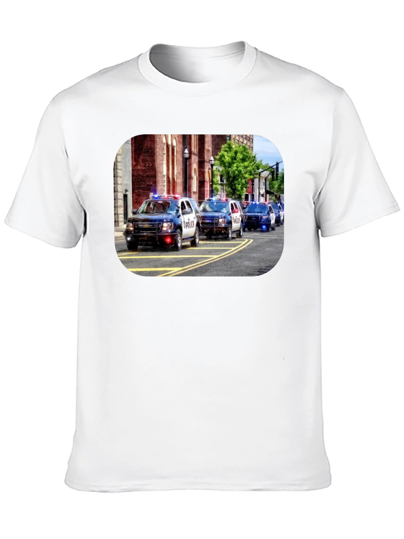 Police Car Parade Graphic Black T-Shirt