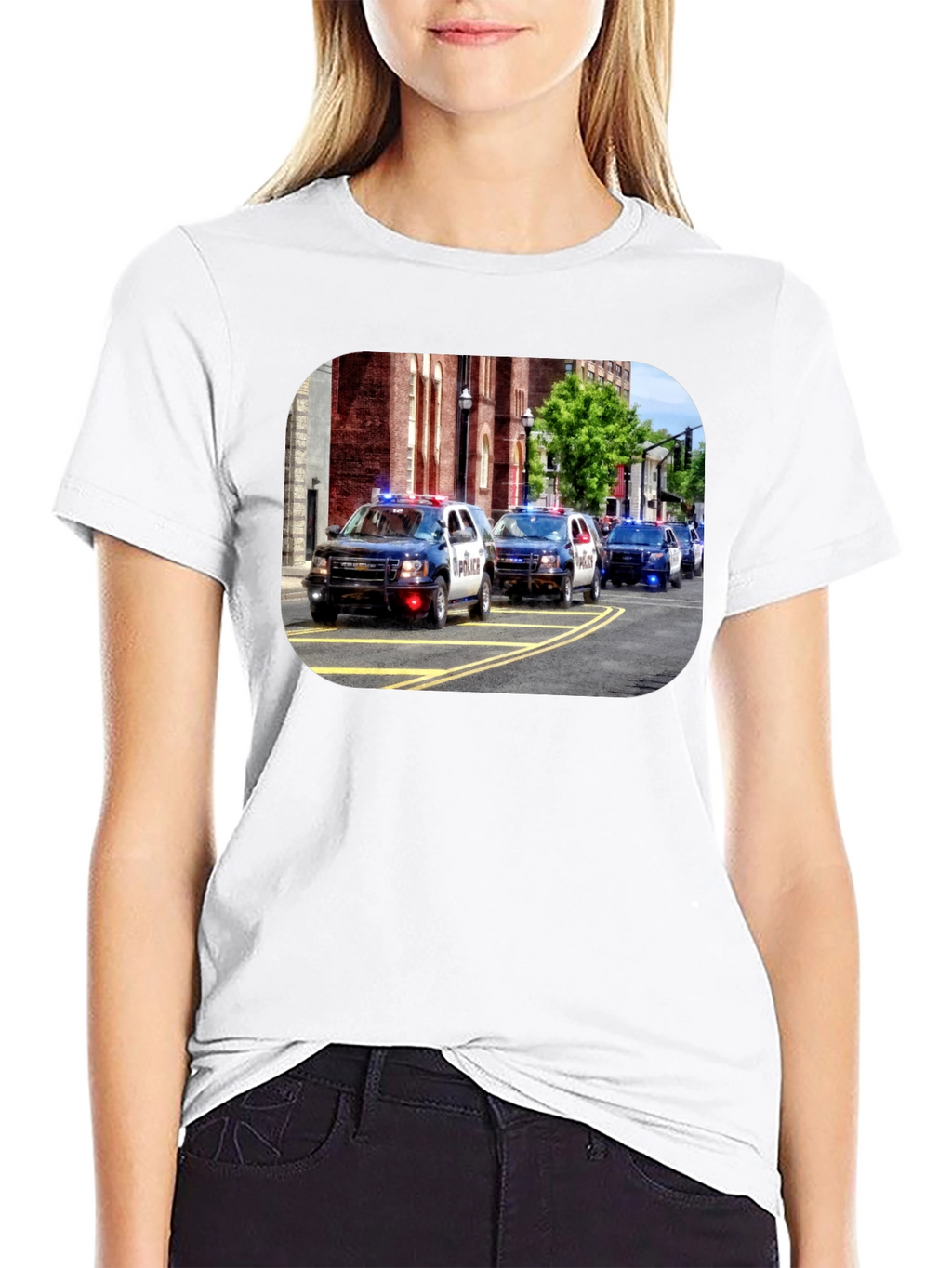 Police Car Parade Graphic Black T-Shirt