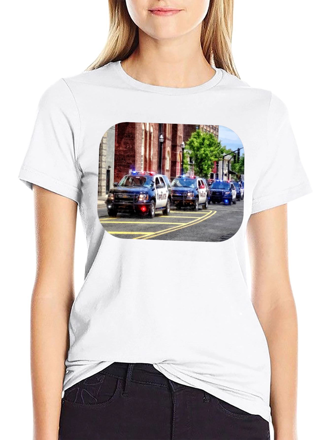 Police Car Parade Graphic Black T-Shirt