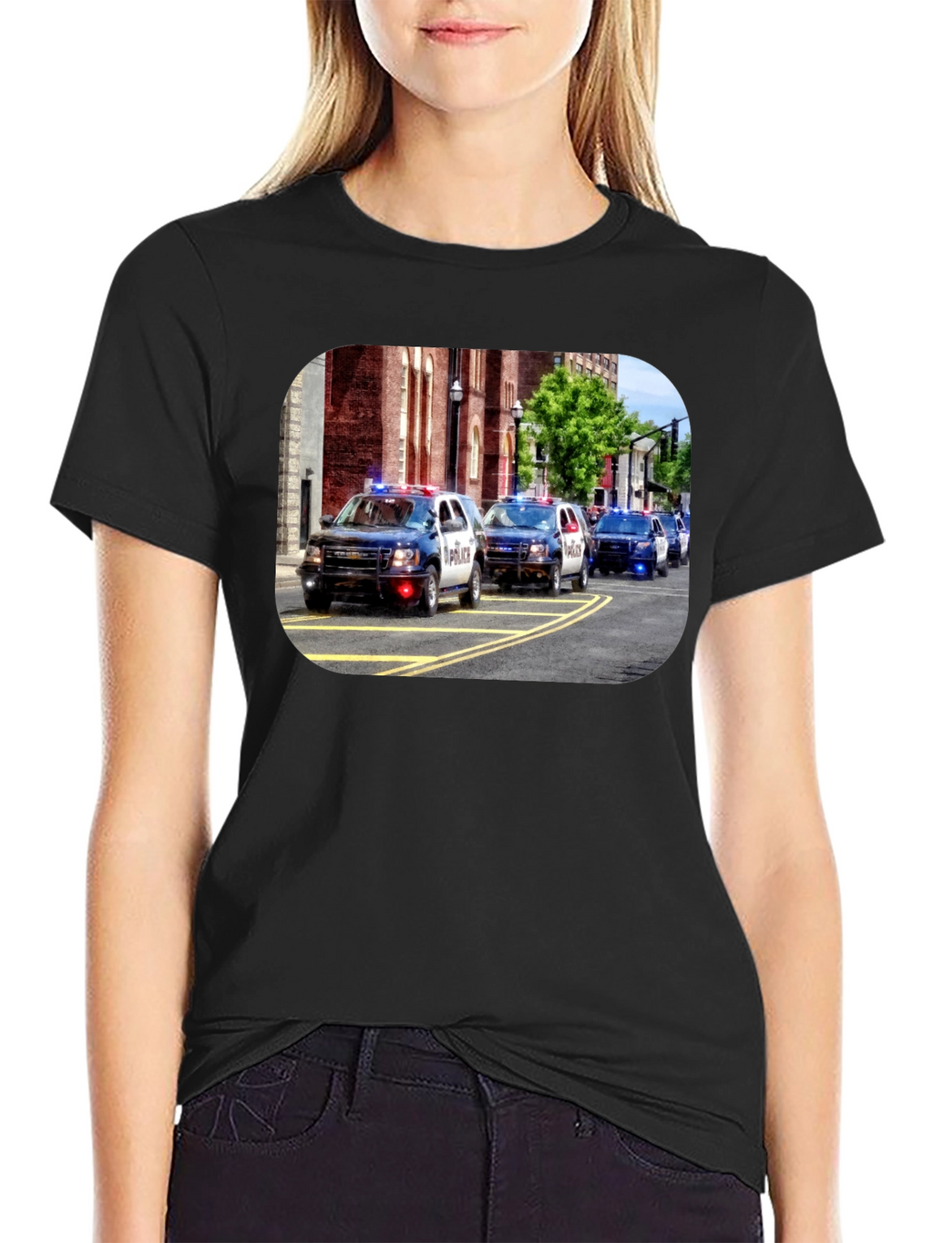 Police Car Parade Graphic Black T-Shirt