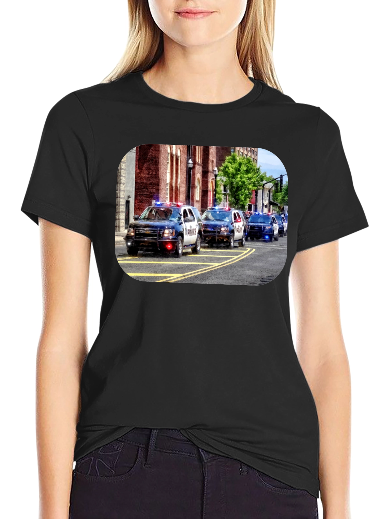 Police Car Parade Graphic Black T-Shirt