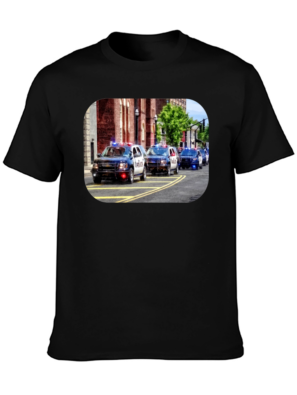 Police Car Parade Graphic Black T-Shirt