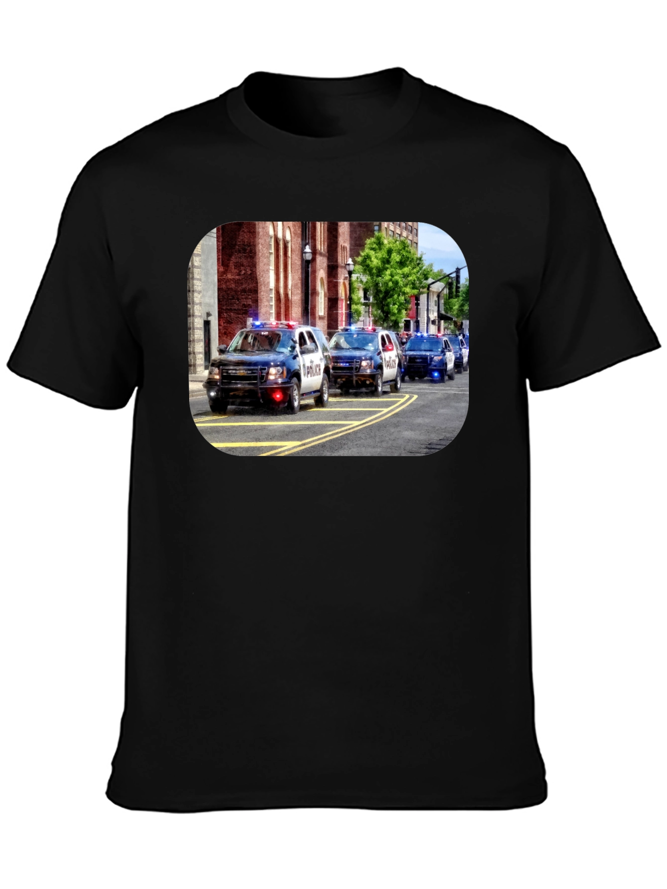 Police Car Parade Graphic Black T-Shirt
