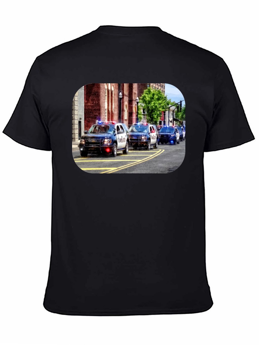 Police Car Parade Graphic Black T-Shirt