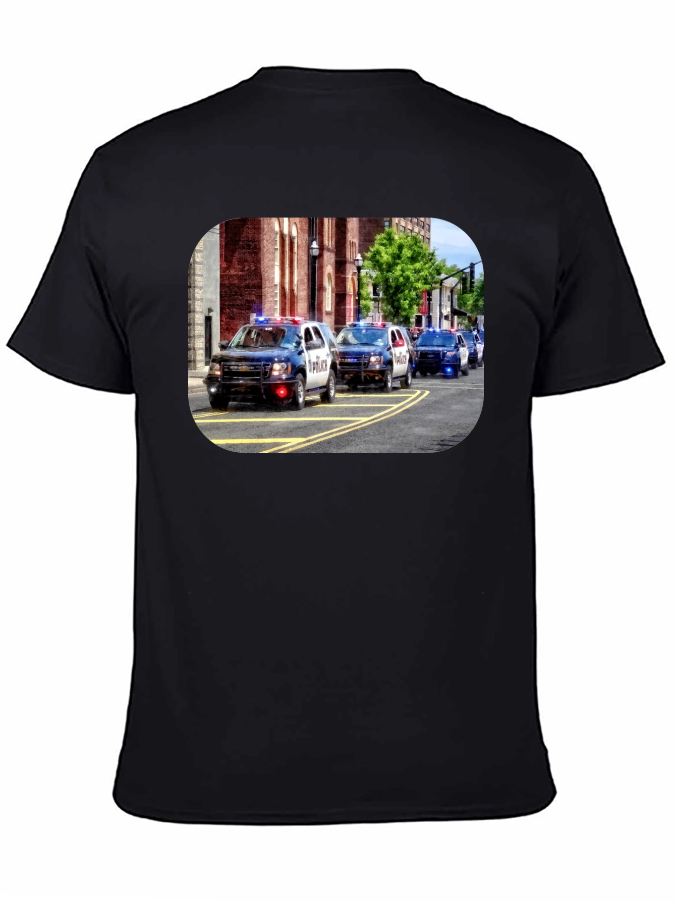 Police Car Parade Graphic Black T-Shirt