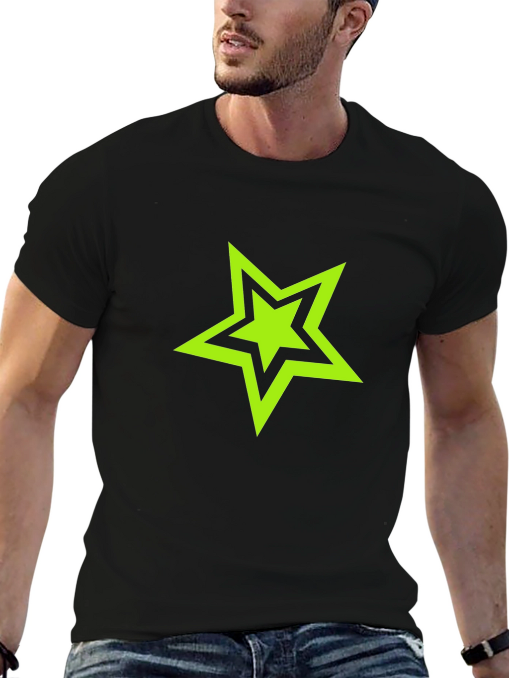 Black T-shirt with Green Star Graphic
