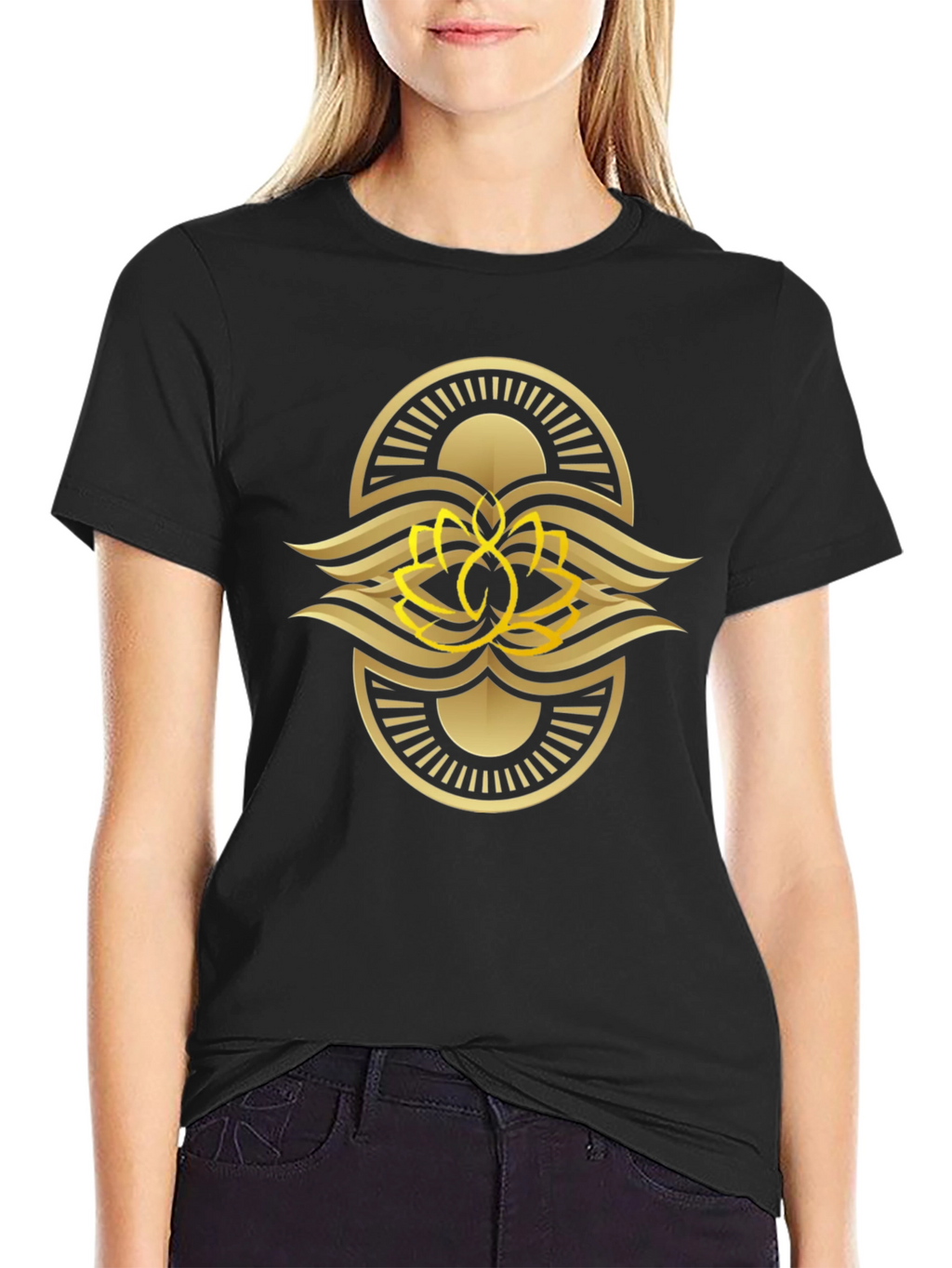 Black Tee with Gold Lotus Design
