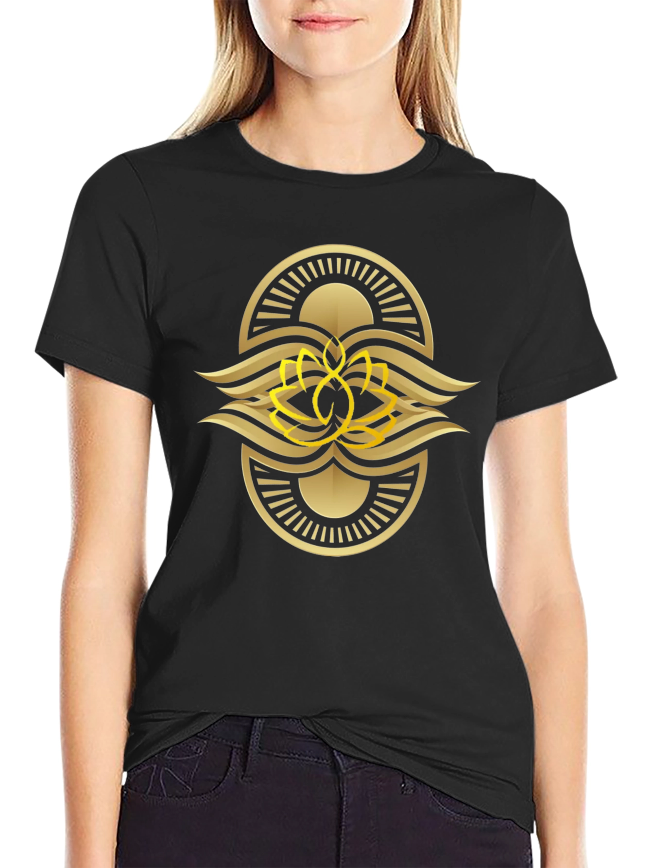 Black Tee with Gold Lotus Design