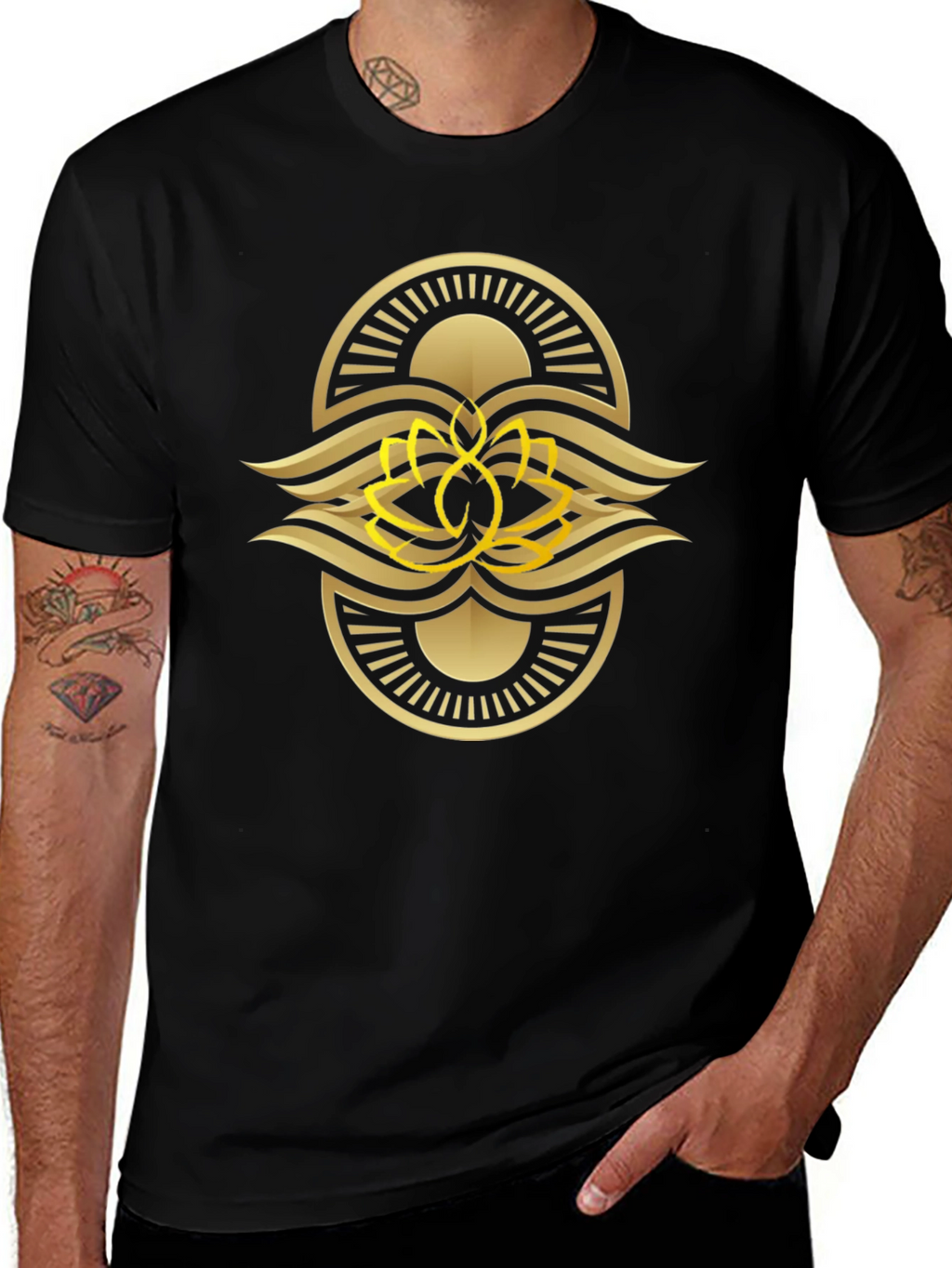 Black Tee with Gold Lotus Design