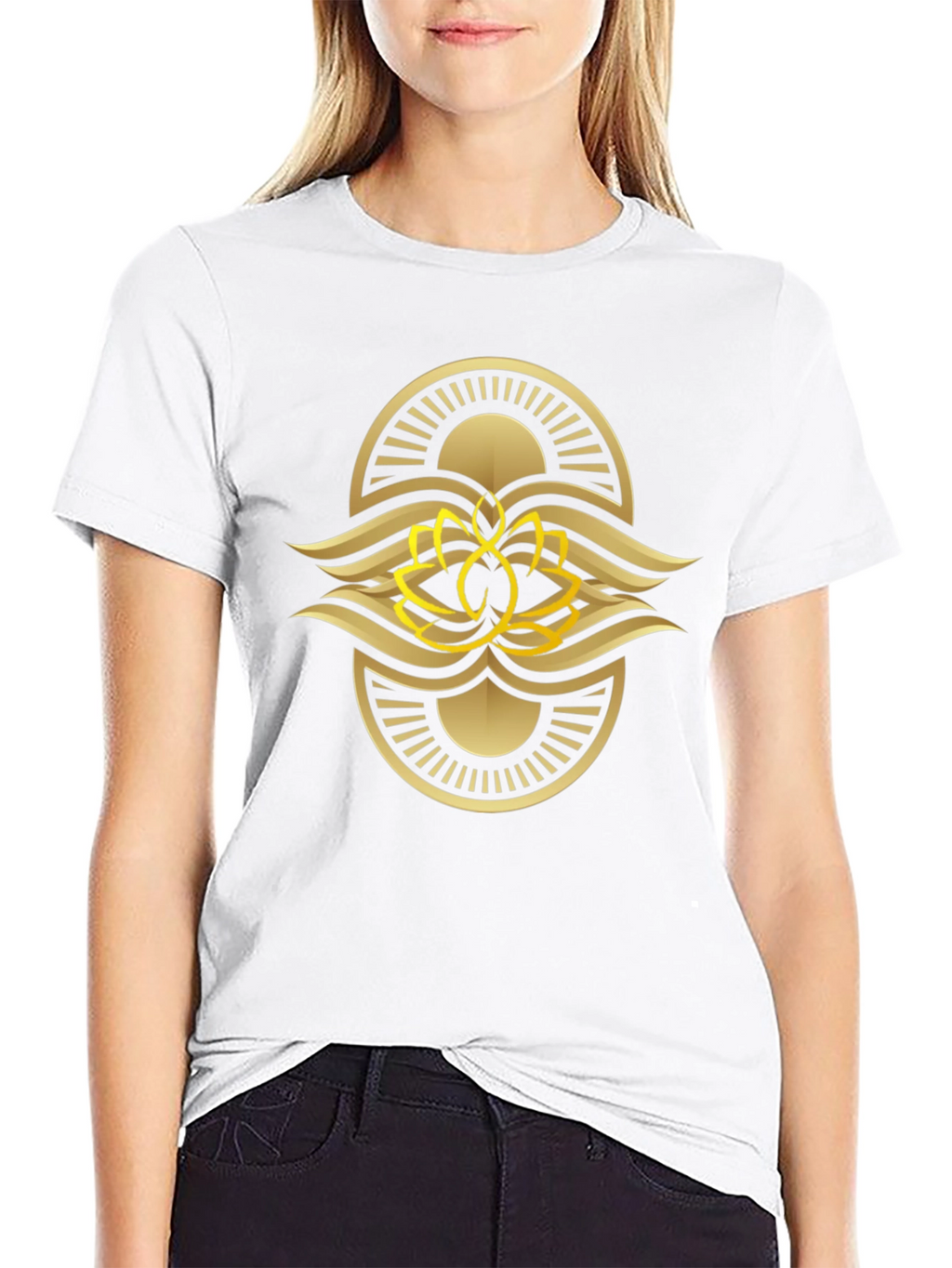 Black Tee with Gold Lotus Design