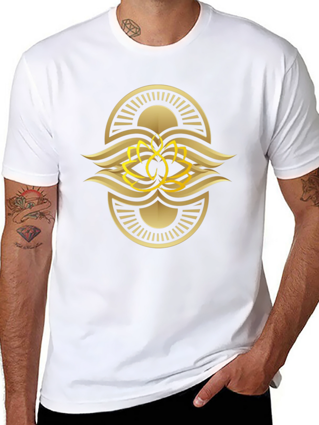 Black Tee with Gold Lotus Design