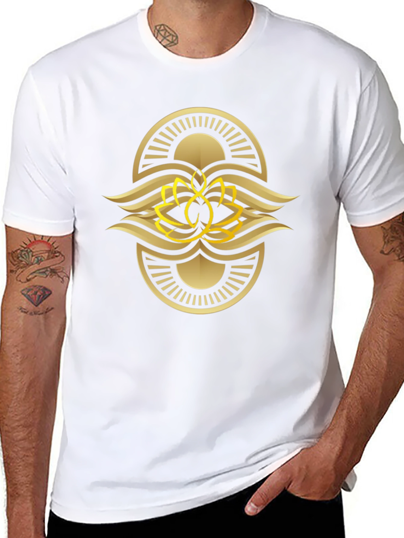 Black Tee with Gold Lotus Design