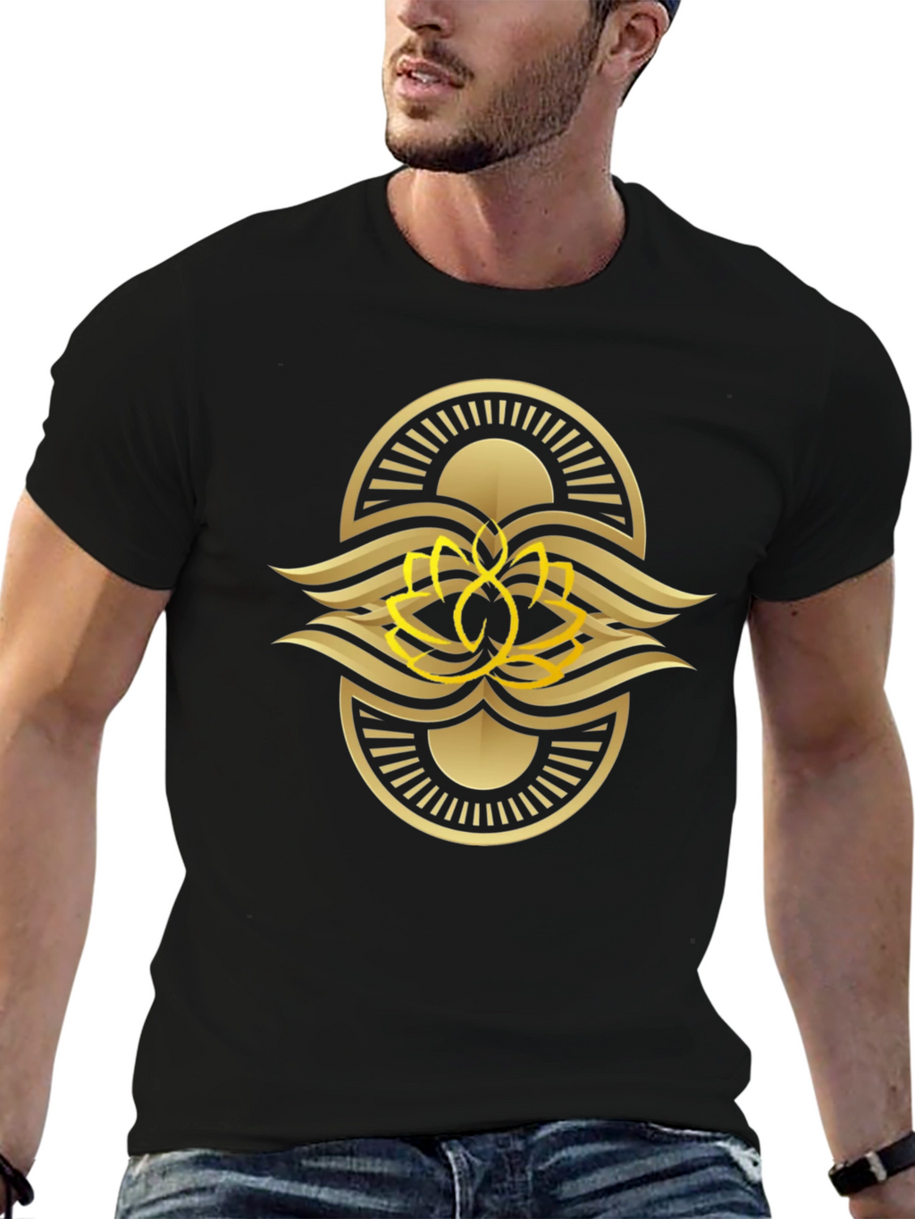 Black Tee with Gold Lotus Design
