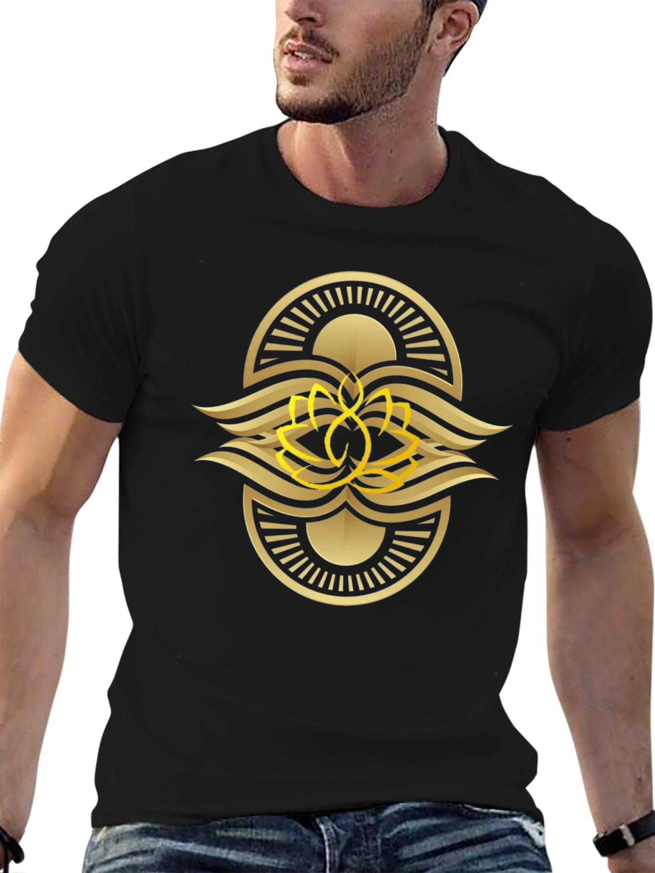 Black Tee with Gold Lotus Design