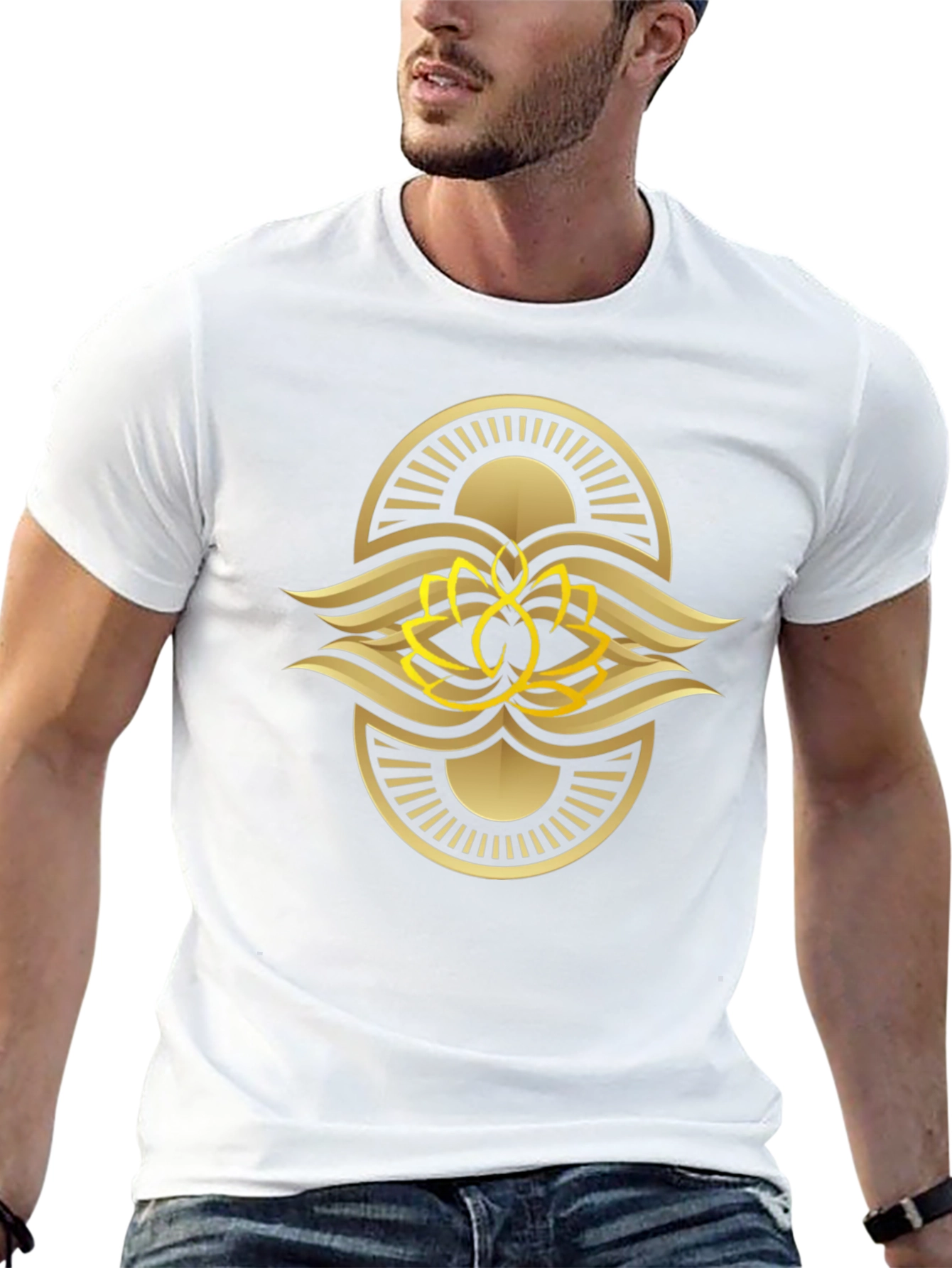 Black Tee with Gold Lotus Design