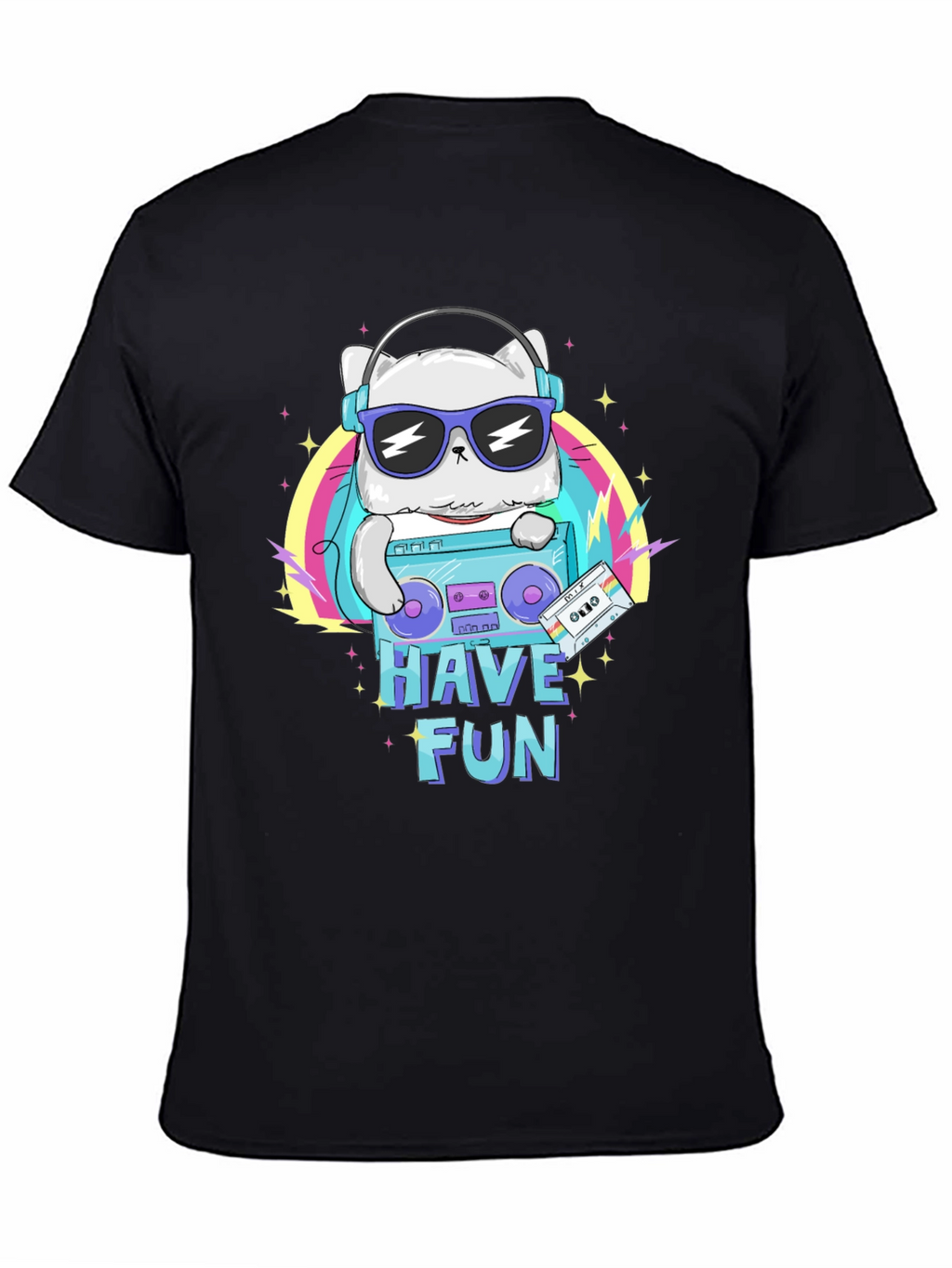 Cool Cat Boombox Graphic T-Shirt - Black Cotton Tee