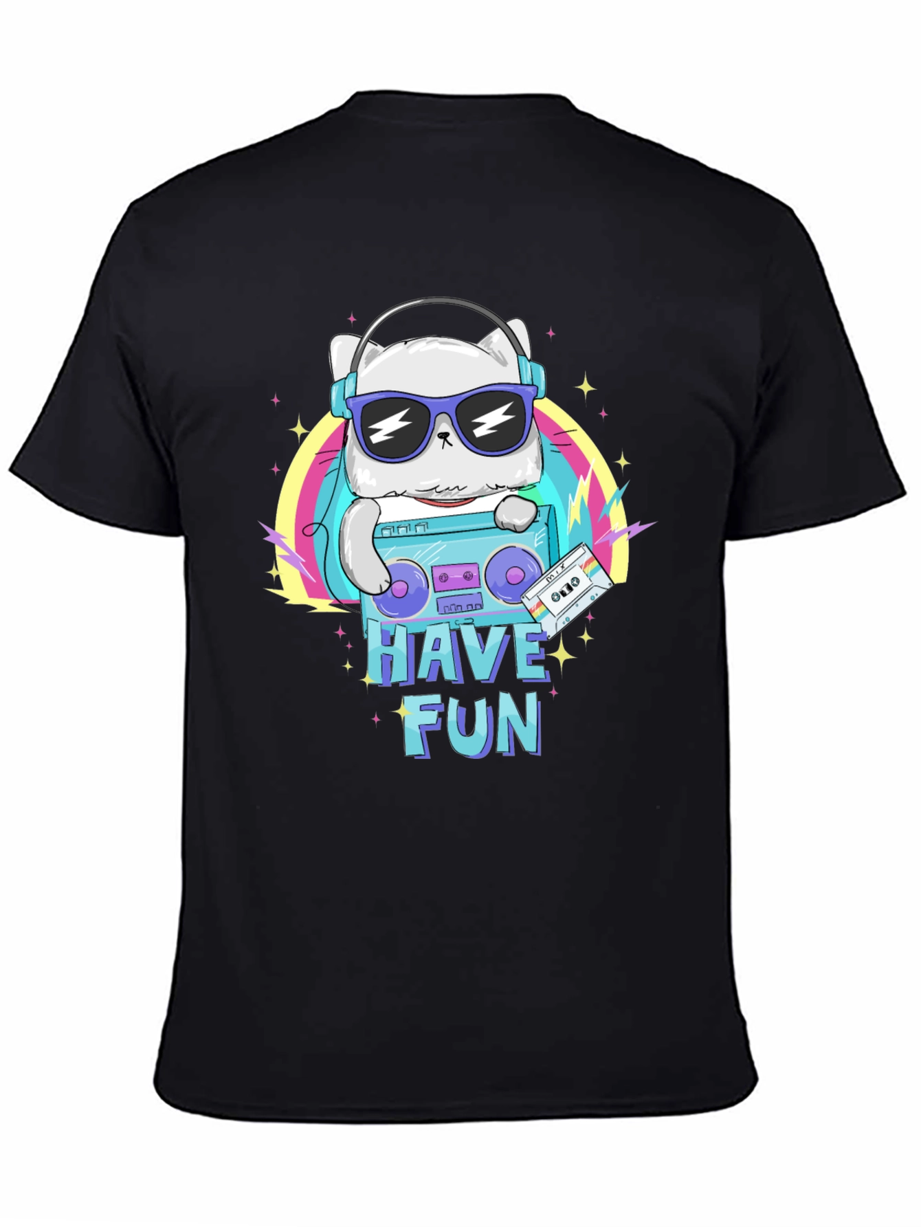 Cool Cat Boombox Graphic T-Shirt - Black Cotton Tee