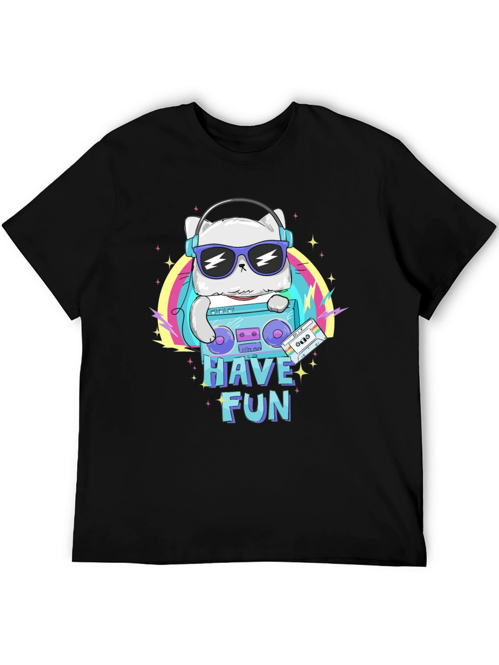 Cool Cat Boombox Graphic T-Shirt - Black Cotton Tee