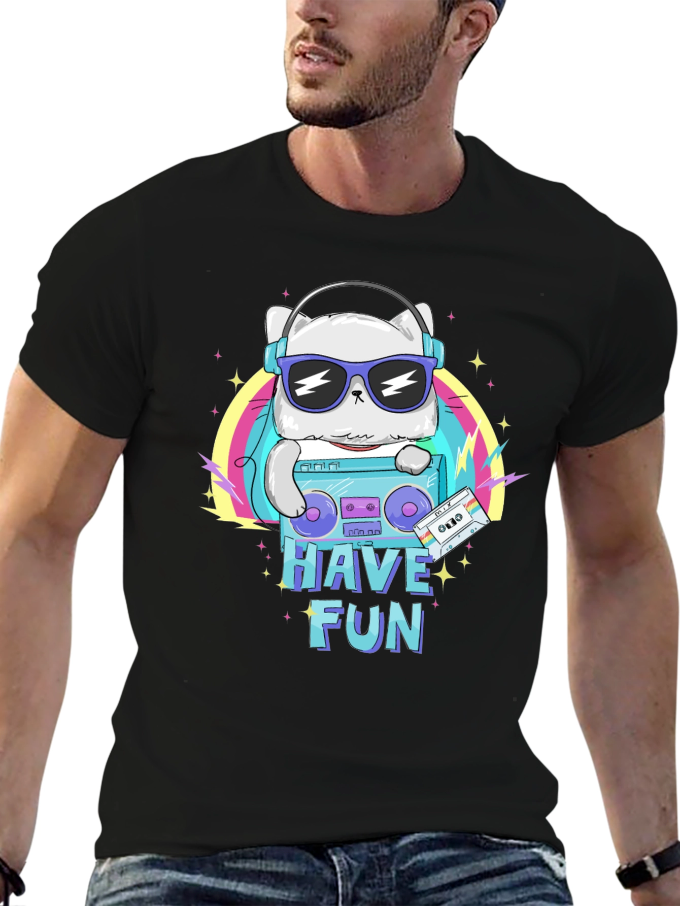 Cool Cat Boombox Graphic T-Shirt - Black Cotton Tee