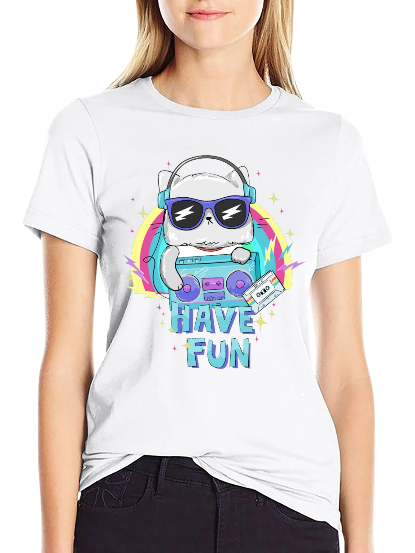 Cool Cat Boombox Graphic T-Shirt - Black Cotton Tee