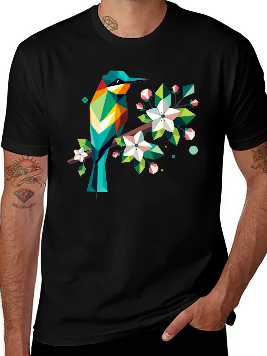 Geometric Bird Print Black T-Shirt