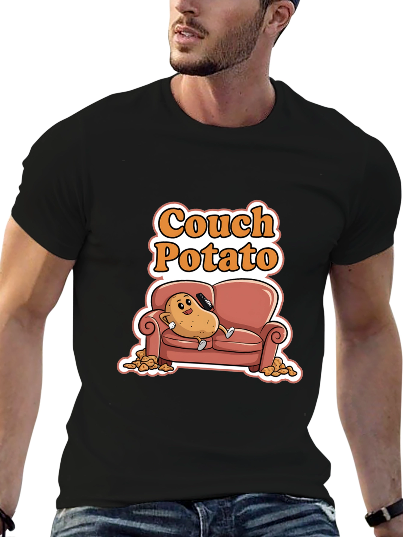 Couch Potato Black Graphic Tee - Funny Cartoon Potato Shirt
